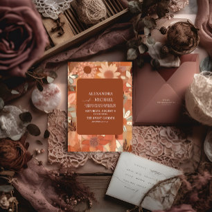 Convites Casamento floral laranja queimado Retro Groovy