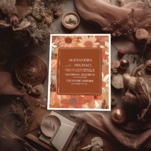 Convites Casamento floral laranja queimado Retro Groovy