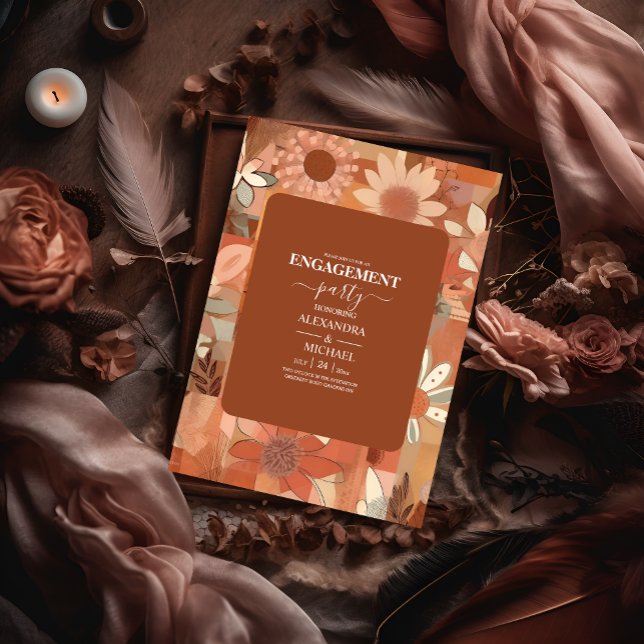 Convites Casamento floral laranja queimado Retro Groovy (Criador carregado)