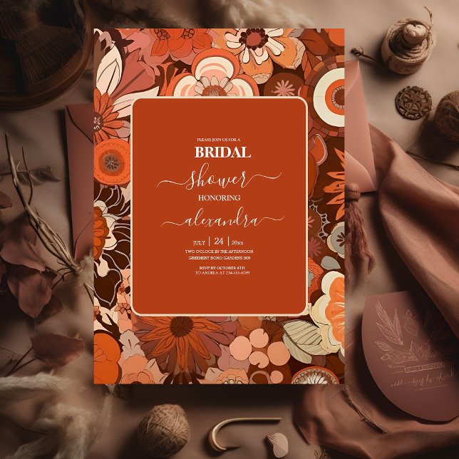 Convites Casamento floral laranja queimado Retro Groovy (Criador carregado)