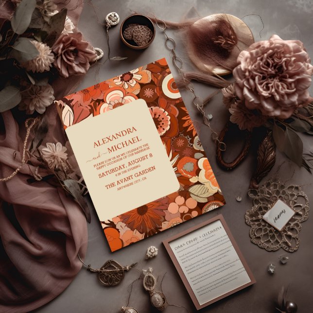 Convites Casamento floral laranja queimado Retro Groovy (Criador carregado)