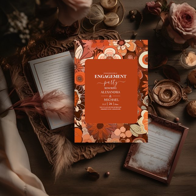 Convites Casamento floral laranja queimado Retro Groovy (Criador carregado)