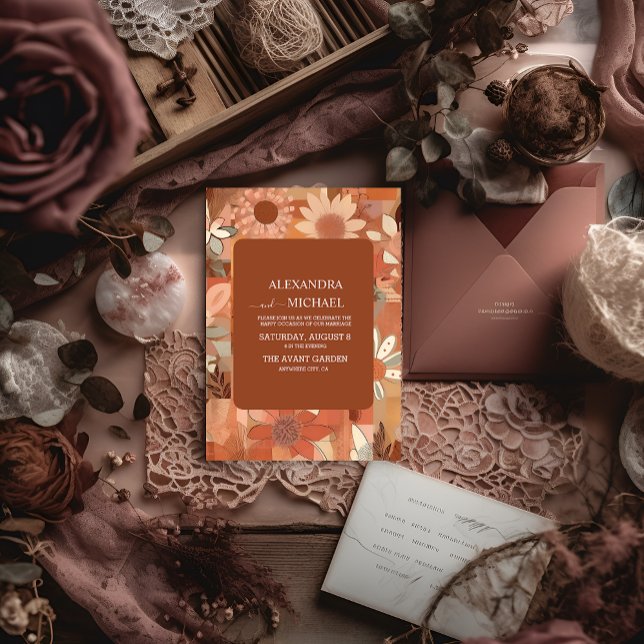 Convites Casamento floral laranja queimado Retro Groovy (Criador carregado)