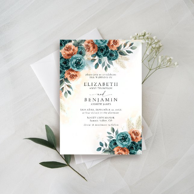 Convites Casamento Floral Laranja Romântico Queimado (fall wedding invitation teal burnt orange terracotta watercolor floral botanical earthy nature boho)
