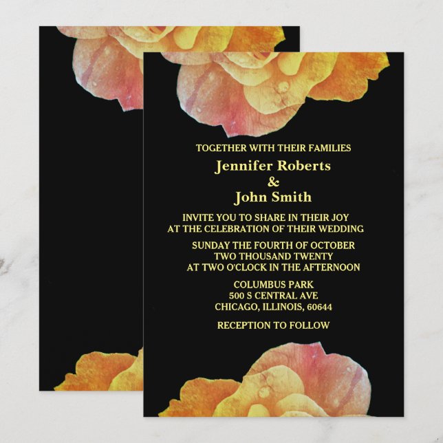 Convites Casamento Floral Laranja Rosa Amarelo-Amarelo (Frente/Verso)