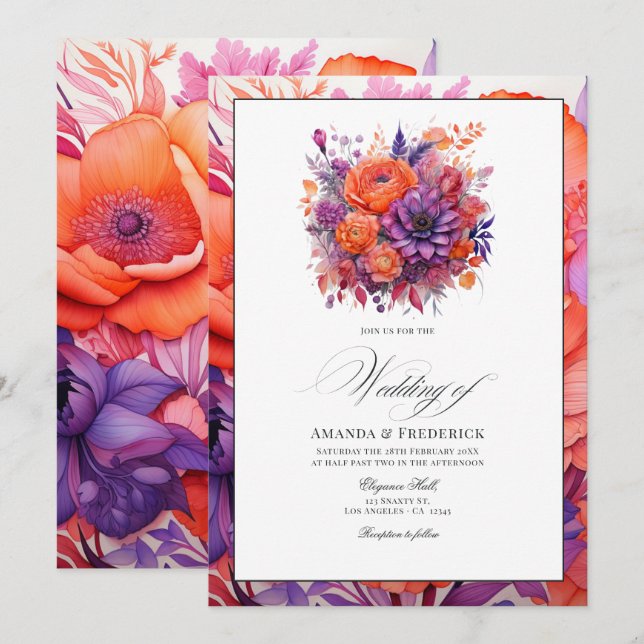 Convites Casamento Floral Laranja, Rosa Quente e Roxo Real (Frente/Verso)
