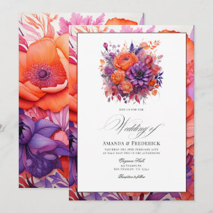 Convites Casamento Floral Laranja, Rosa Quente e Roxo Real