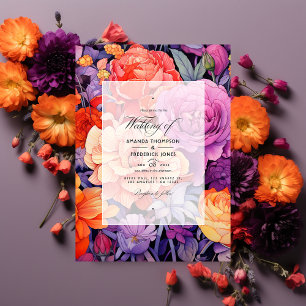 Convites Casamento Floral Laranja, Rosa Quente e Roxo Real