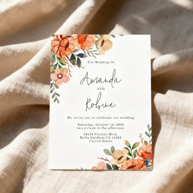 Convites Casamento Floral Laranja Rústico (Criador carregado)