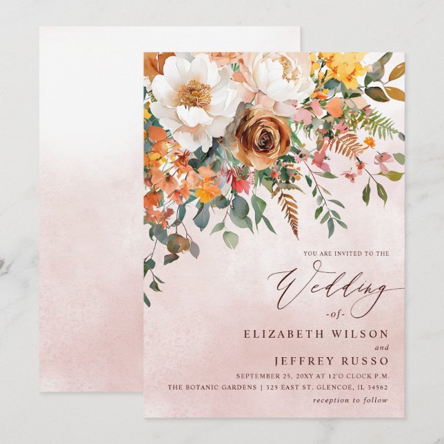 Convites Casamento Floral Laranja Rústico de Outono (Frente/Verso)