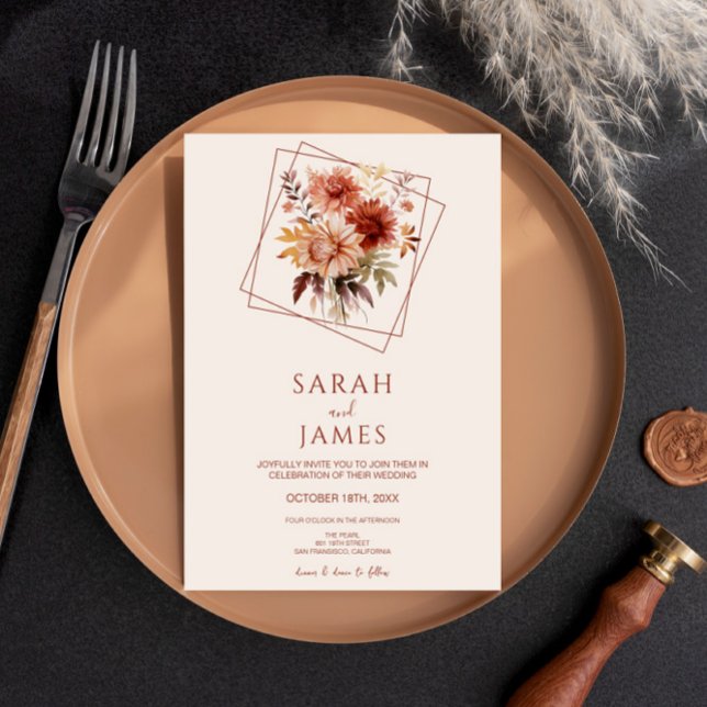 Convites Casamento Floral Laranja Simples de Terracotta Que (Criador carregado)