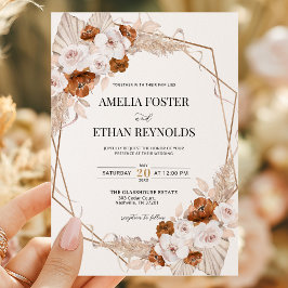 Convites Casamento Floral Laranja Terracota com Grama Pampa