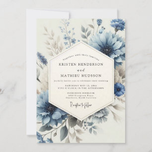 Convites Casamento Floral Lavado em Azul Desbotado