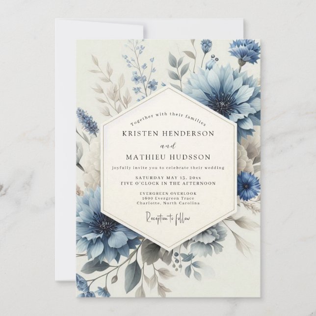 Convites Casamento Floral Lavado em Azul Desbotado (Frente)