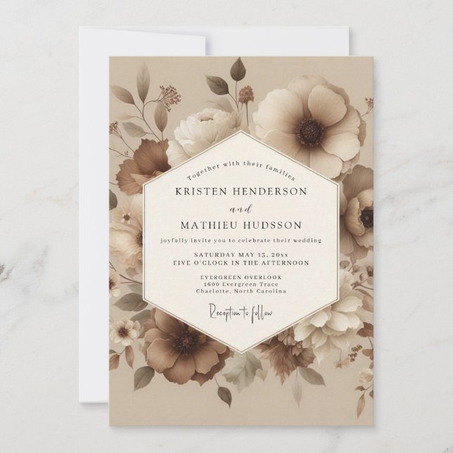 Convites Casamento Floral Lavado em Taupe (Frente)