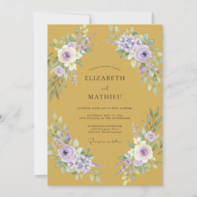 Convites Casamento Floral Lavanda Dourado Romance (Frente)