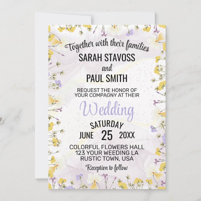 Convites Casamento Floral Lavanda e Amarelo de Flores Silve (Frente)