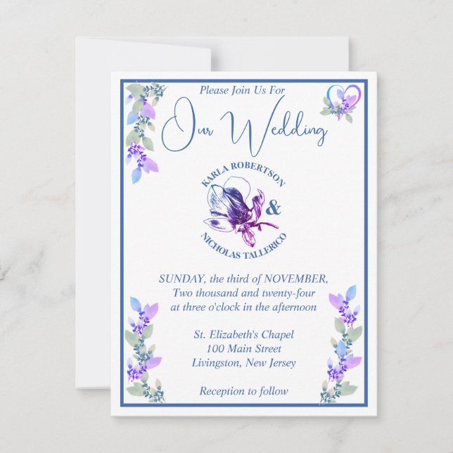 Convites Casamento Floral Lavanda e Azul (Frente)