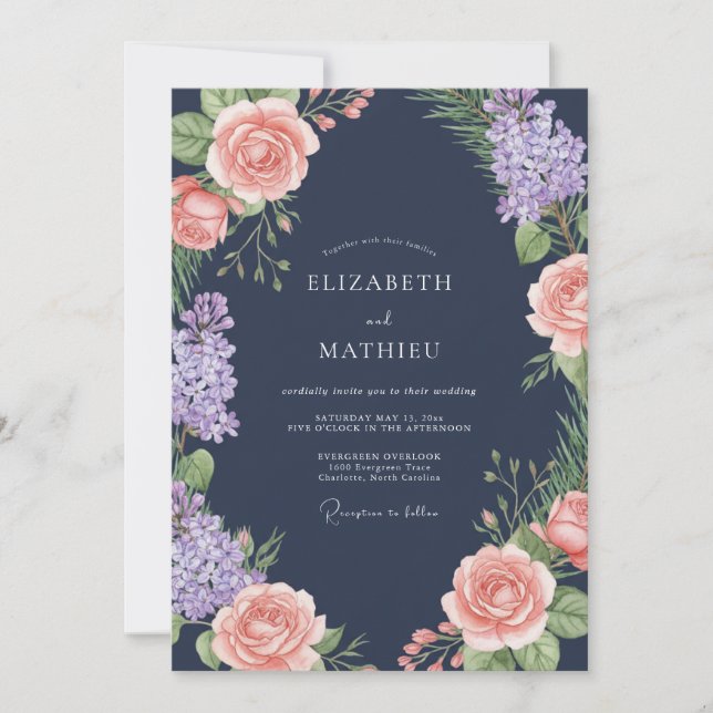 Convites Casamento Floral Lavanda e Pêssego Marinho (Frente)