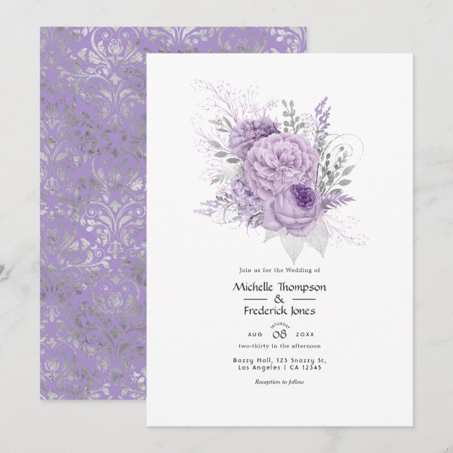 Convites Casamento Floral Lavanda e Prata (Frente/Verso)