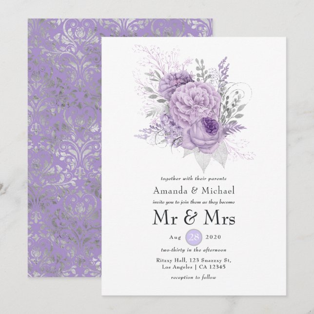 Convites Casamento Floral Lavanda e Prata (Frente/Verso)