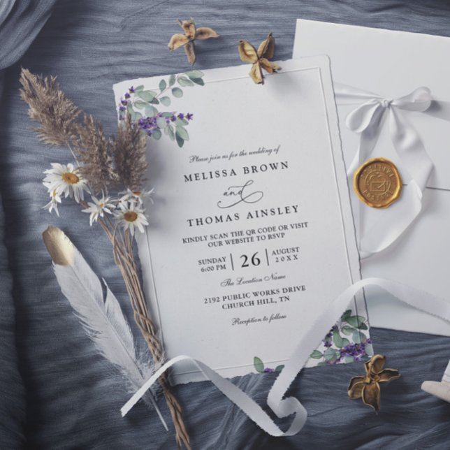 Convites Casamento Floral Lavanda Elegante Moderno Código Q (Criador carregado)