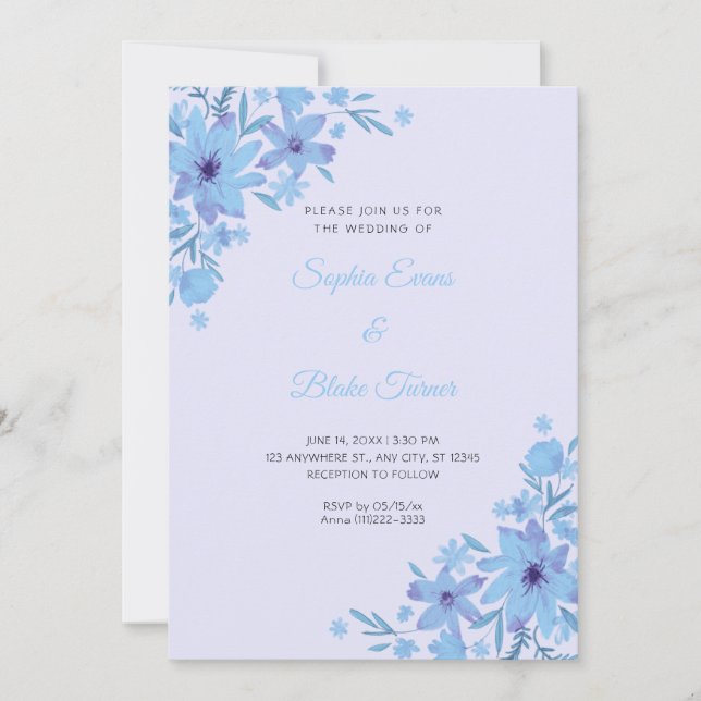 Convites Casamento Floral Lavanda Flores Azuis Românticas (Frente)