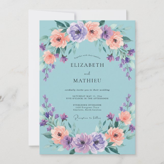 Convites Casamento Floral Lavanda Pêssego Ciano (Frente)