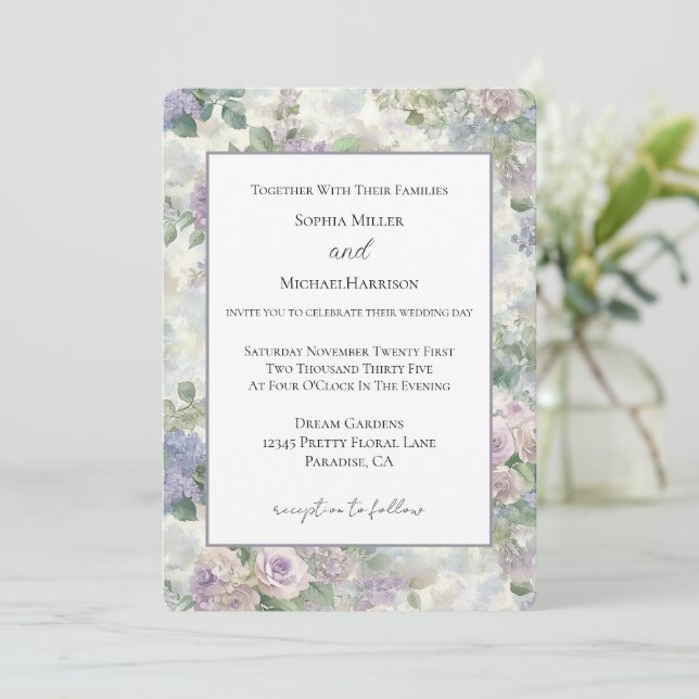 Convites Casamento Floral Lavanda Roxa Romântico (Em pé/Frente)