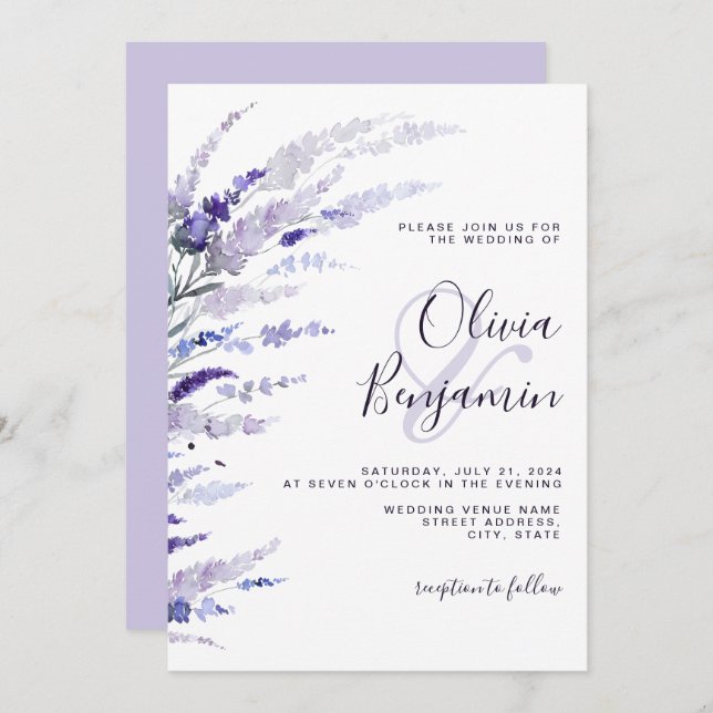 Convites Casamento Floral Lilac Com Lavanda Elegante Roxo (Frente/Verso)
