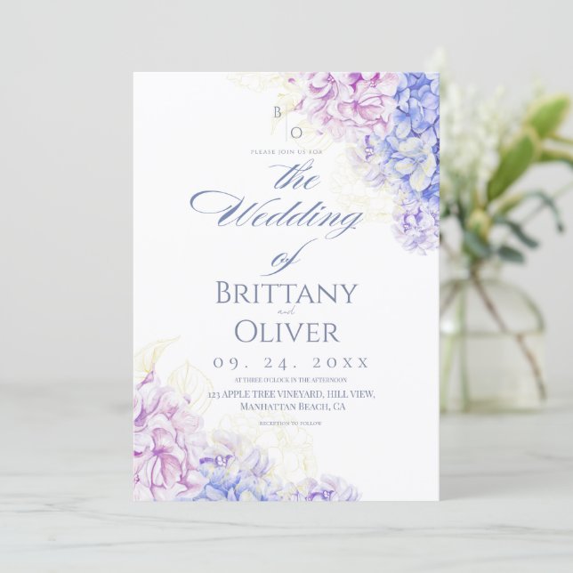 Convites Casamento Floral Lilás e Azul Moderno de Primavera (Em pé/Frente)