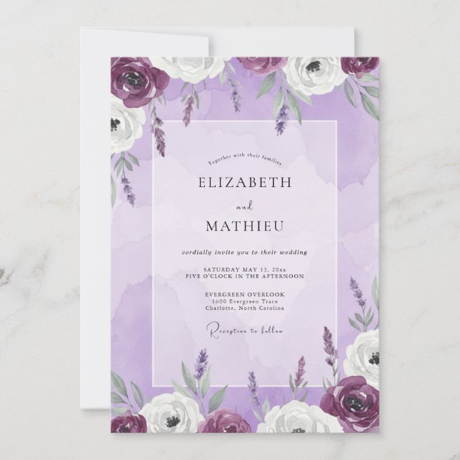 Convites Casamento Floral Lilás Lavanda (Frente)