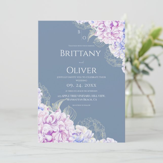 Convites Casamento Floral Lilás Moderno & Azul Sujo (Em pé/Frente)