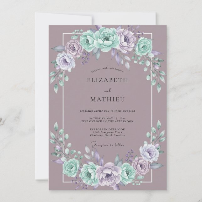 Convites Casamento Floral Lilás Pintado à Mão (Frente)