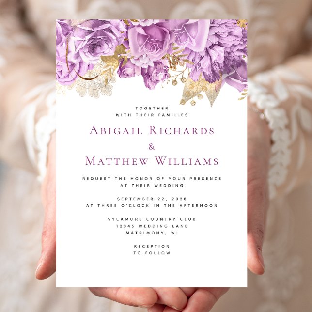 Convites Casamento Floral Lilás Romântico Dourado (Criador carregado)