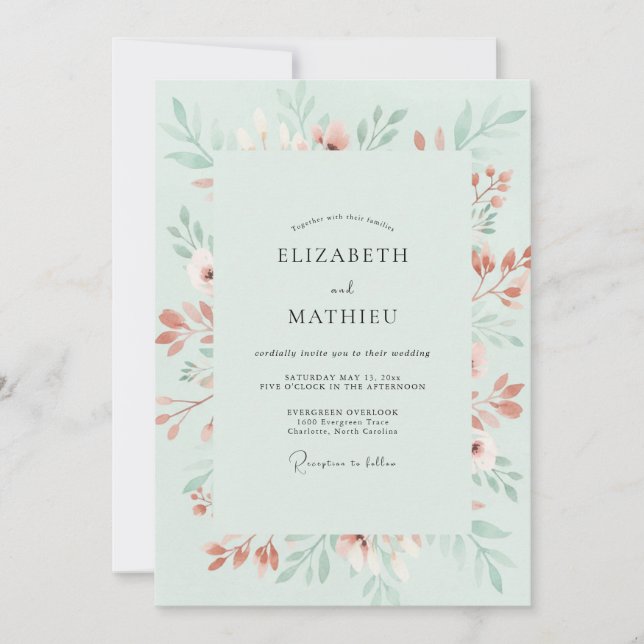 Convites Casamento Floral Lírico Verde Menta (Frente)
