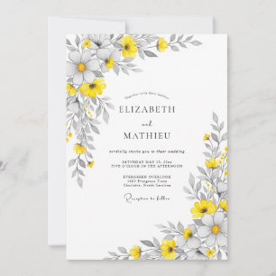 Convites Casamento Floral Luminoso Cinza Amarelo