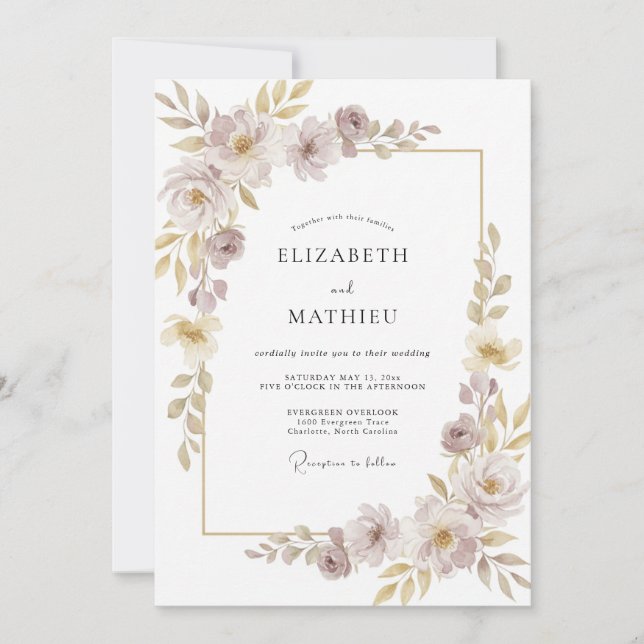 Convites Casamento Floral Luminoso de Champanhe (Frente)