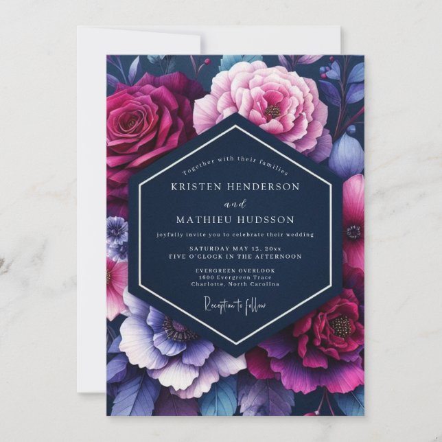 Convites Casamento Floral Luminoso Índigo (Frente)