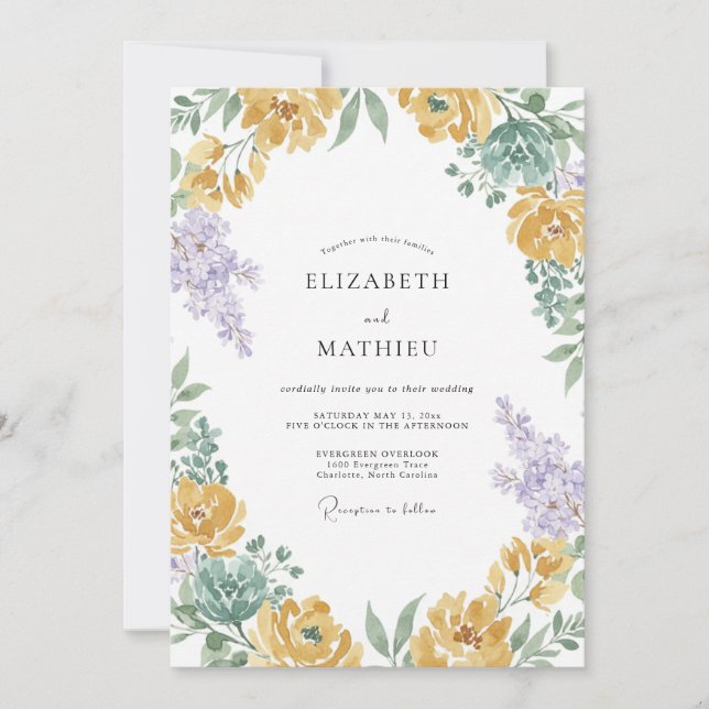 Convites Casamento Floral Luminoso Mostarda (Frente)