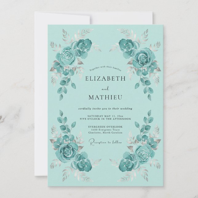 Convites Casamento Floral Luminoso Turquesa (Frente)