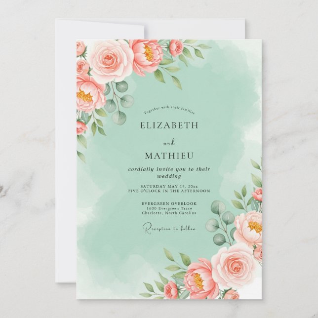 Convites Casamento Floral Luminoso Verde Menta (Frente)