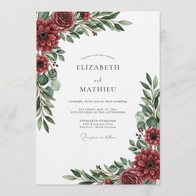 Convites Casamento Floral Luxuoso Borgonha (Frente)