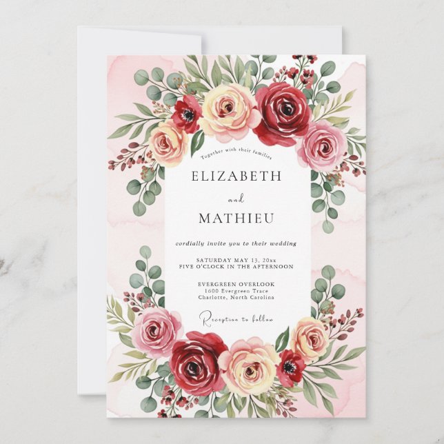 Convites Casamento Floral Luxuoso Borgonha (Frente)