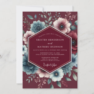 Convites Casamento Floral Luxuoso Borgonha e Ardósia