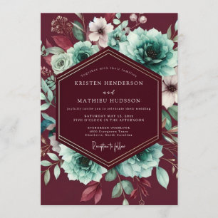 Convites Casamento Floral Luxuoso Burgundy e Aqua