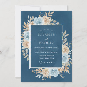 Convites Casamento Floral Luxuoso em Azul Aço