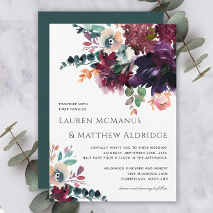 Convites Casamento Floral Luxuoso em Verde Água e Vinho