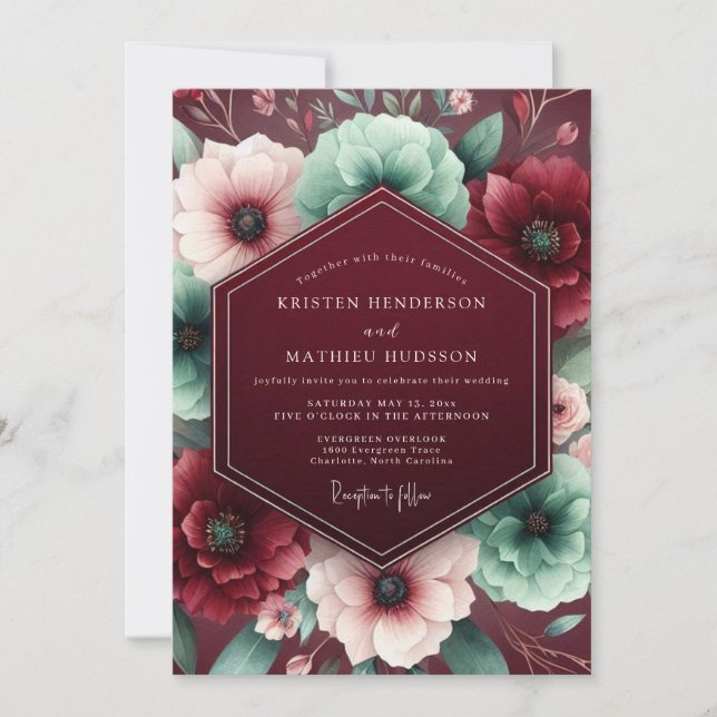Convites Casamento Floral Luxuriante Borgonha (Frente)