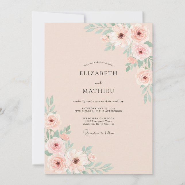 Convites Casamento Floral Luxuriante Rosa Corado (Frente)